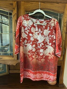 Johnny Was 100% Silk Red/Orange Cream-Accent Tunic Top